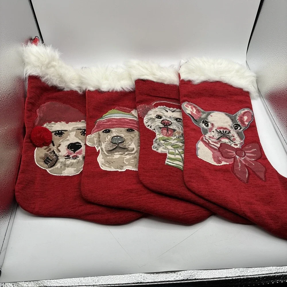 Pier 1 Christmas Stockings BNWT Red White Fleece Embroidered Dogs Set of 4